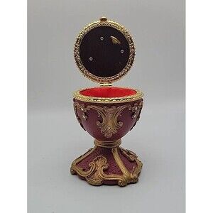 Vintage Sankyo Japan Musical Decorative Standing Egg Trinket Box Burgundy